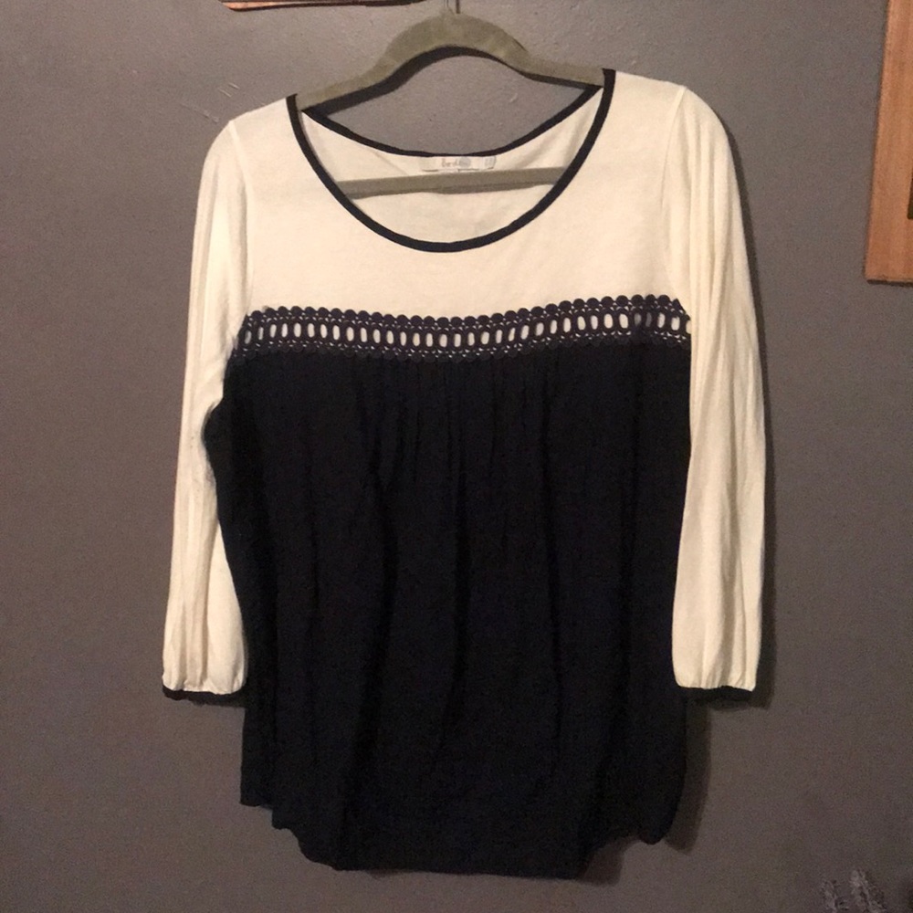 Boden navy/cream knit/woven top - size 14